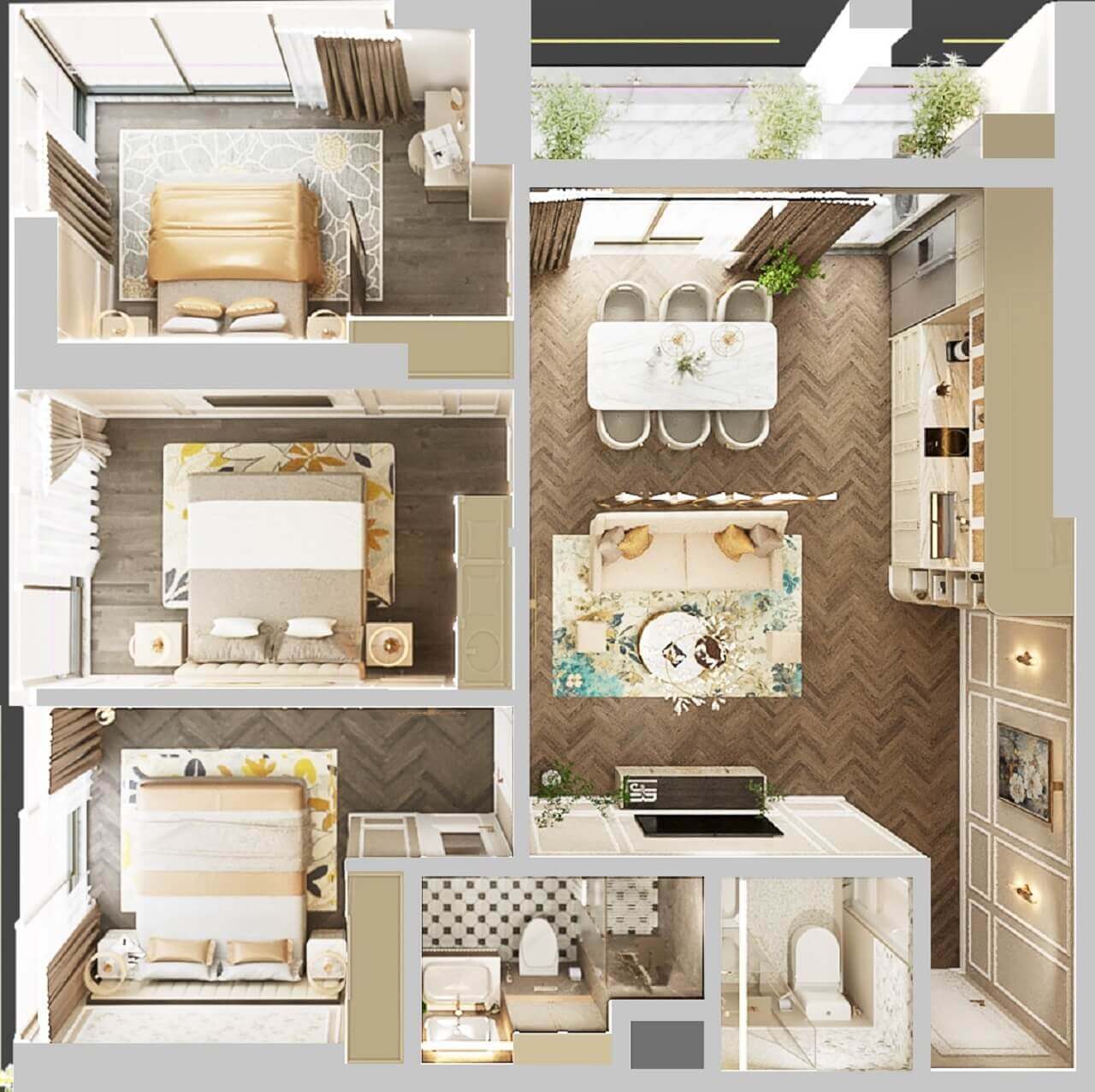 Thiết kế căn hộ 3 phòng ngủ dự án Capital Square Đà Nẵng